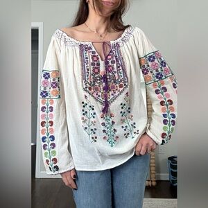 Blue Hippy Hand Embroidered Peasant Romanian Blouse